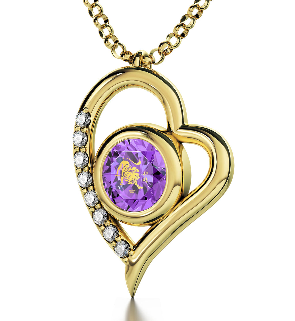 Leo Zodiac Heart Pendant Necklace | Gold Plated Silver | 24K Inscribed Crystal
