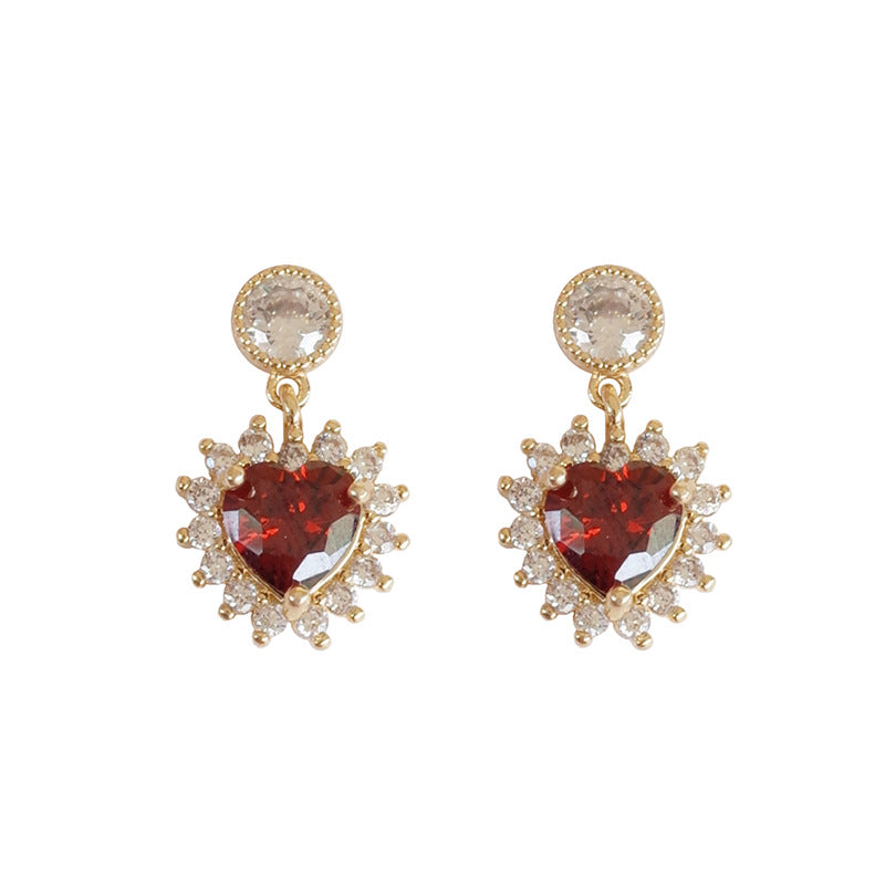 S925 Silver Heart Shaped Earrings with Red Gemstones
