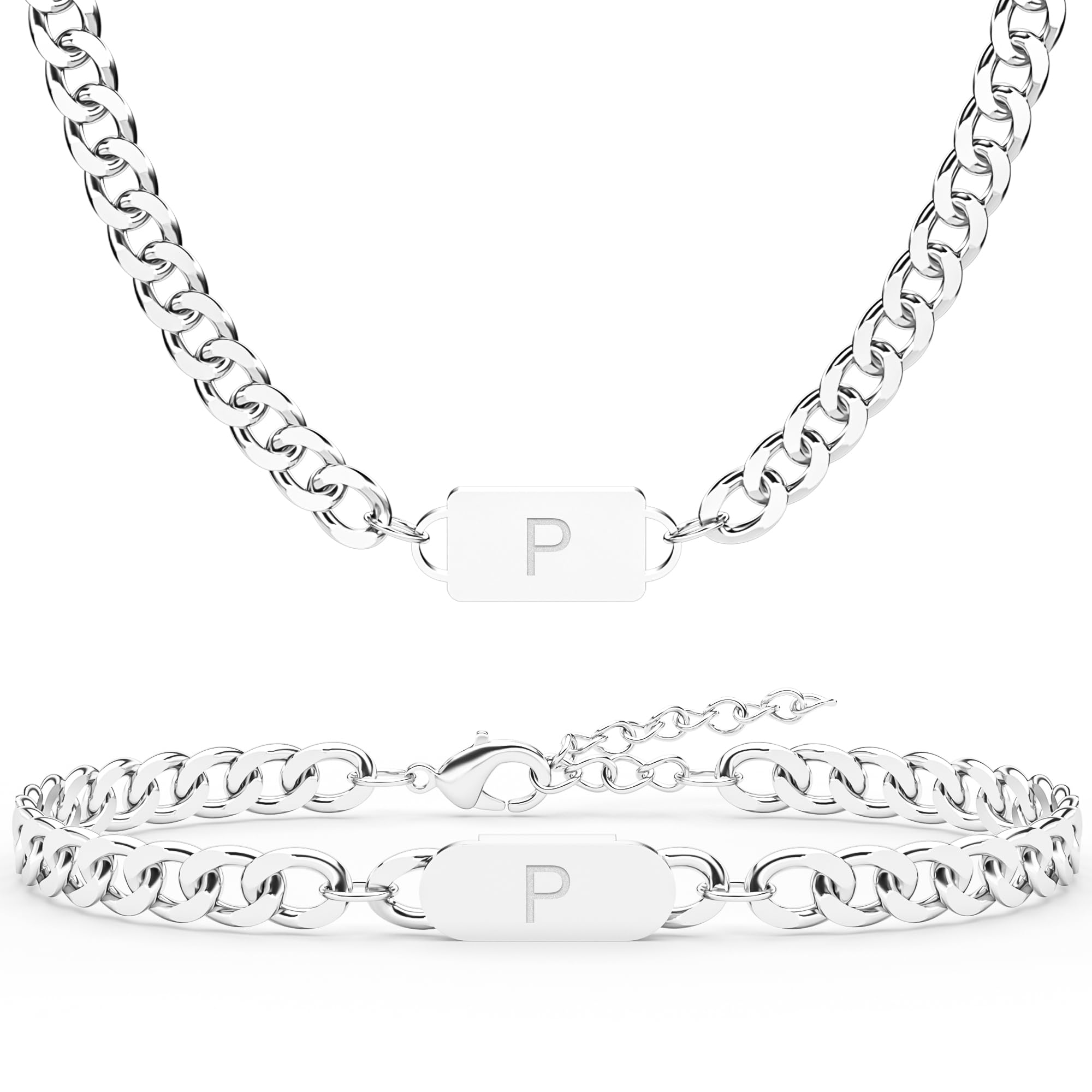 Initial Letter Cuban Necklace & Bracelet Set – Personalized A-Z Stainless Steel Jewelry for Men & Women