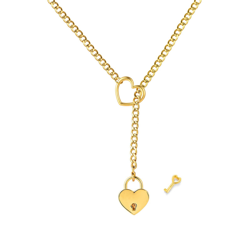 MIFYNN Heart O ring Slip Chain Necklace for Women Stainless Steel Cuban Chain Heart Necklace Punk Rock Collar Necklace Handmade Adjustable Lariat Y Necklace for Men (Gold lock)