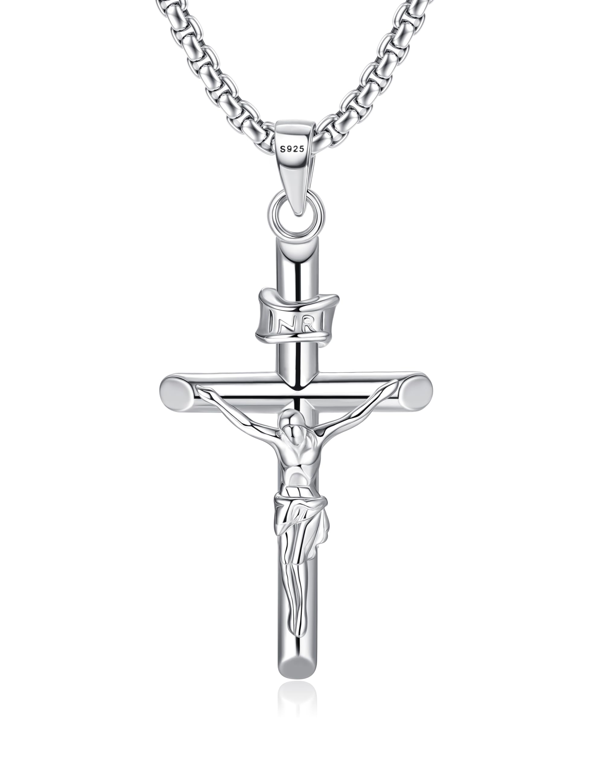 MILACOLATO 925 Sterling Silver Crucifix Necklace for Men Women 2mm Sterling Silver Rolo Chain Small Crucifix Pendant Jesus Crucifix Cross Necklace 18 Inches Christian Religious Jewelry Gifts