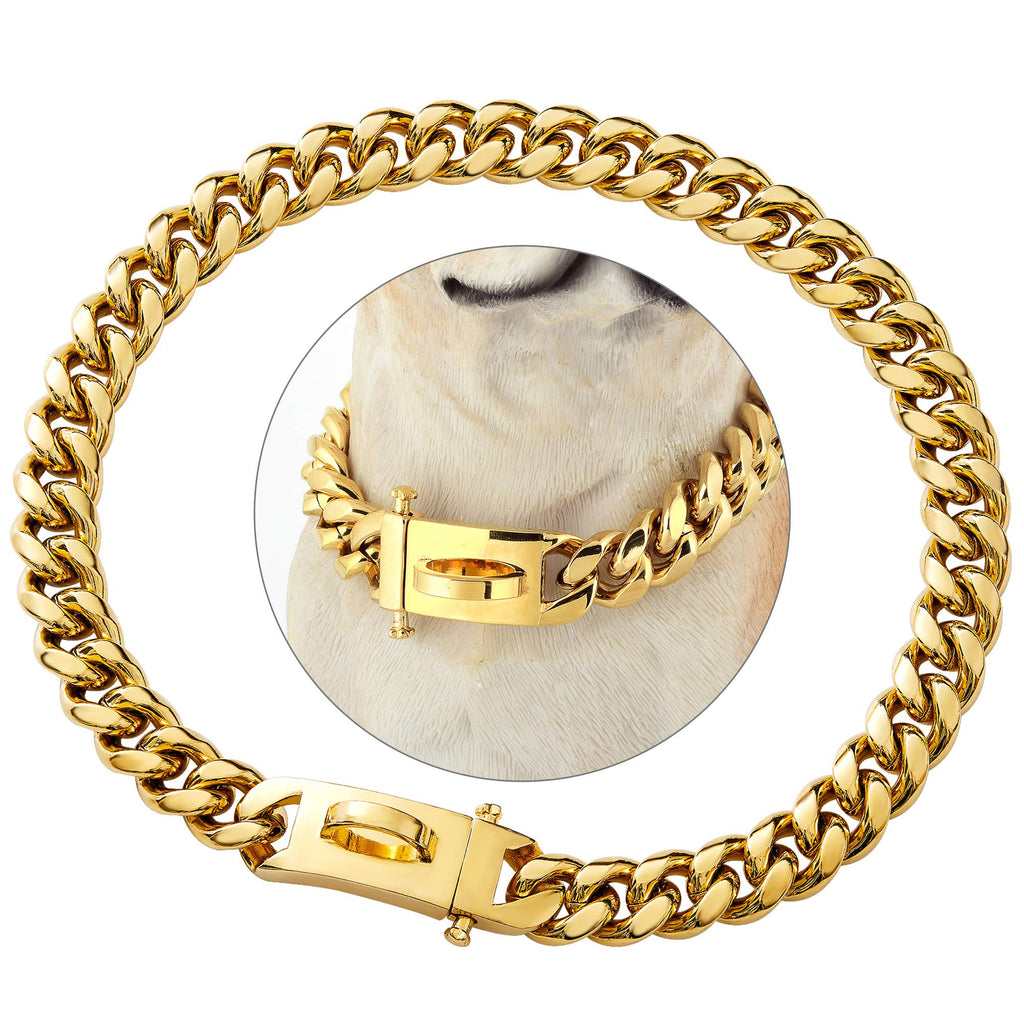 PRADOG Gold Chain Dog Collar Designer Dog Cuban Link Chain Collar with Safty Design Buckle 15MM Metal Stainless Steel Walking Collars(15MM 22")