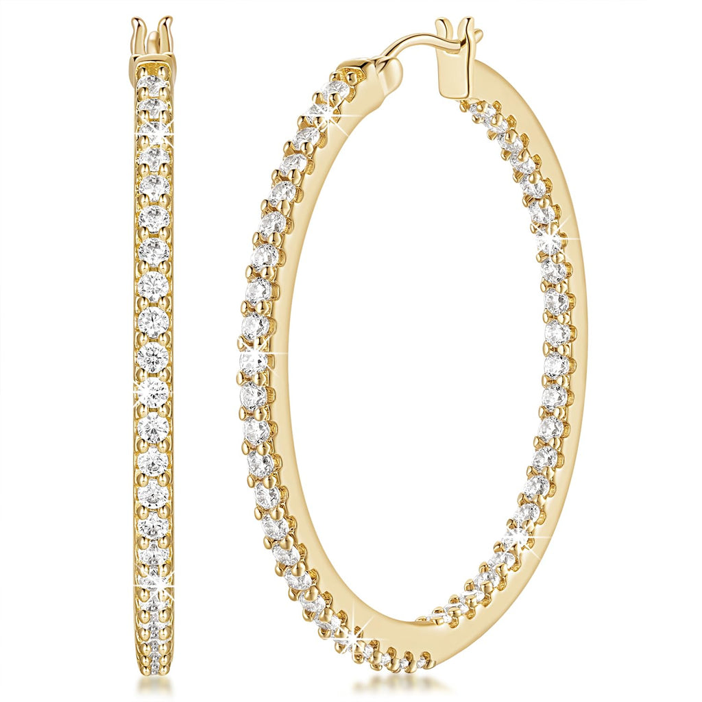 14K Gold Hoop Earrings with Dual CZ | 42mm Big Hoops for Women