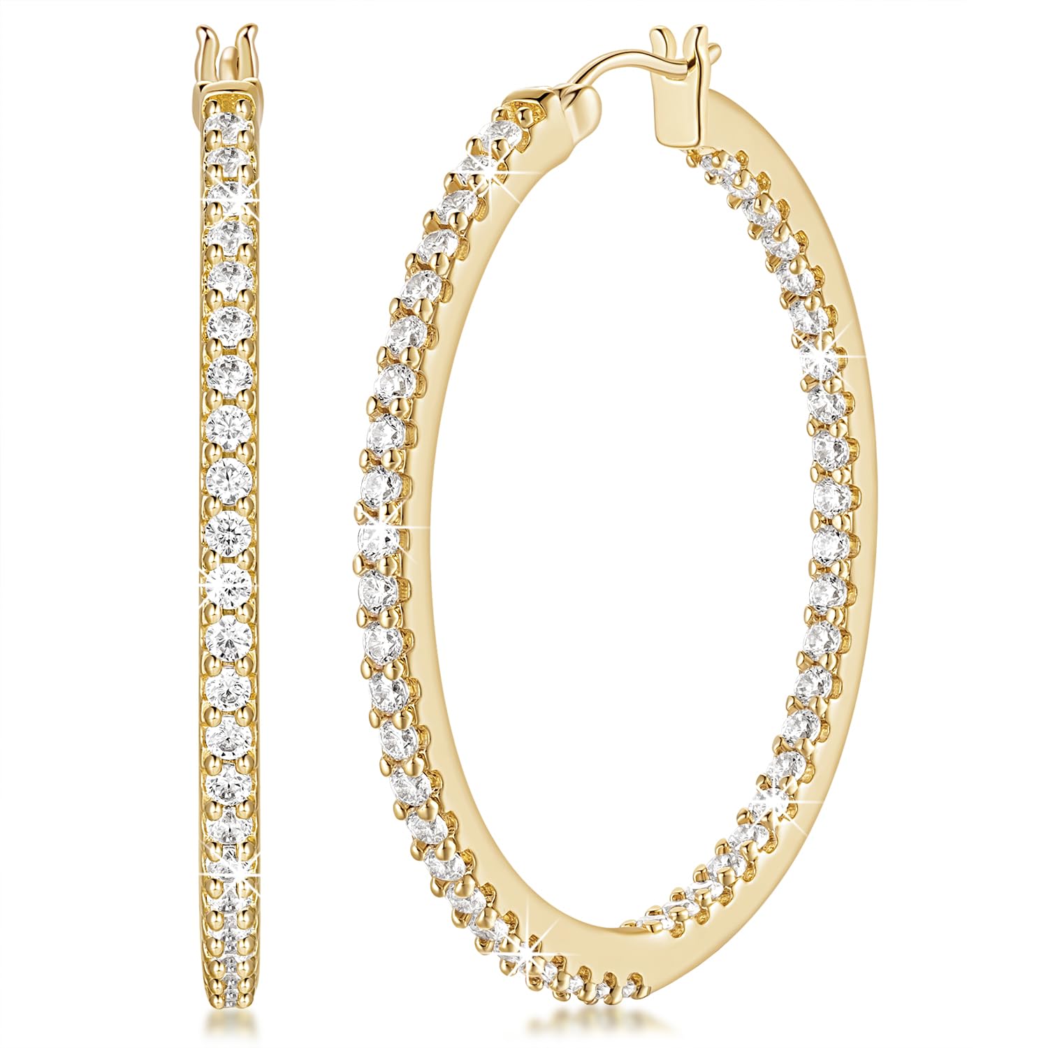 14K Gold Hoop Earrings with Dual CZ | 42mm Big Hoops for Women