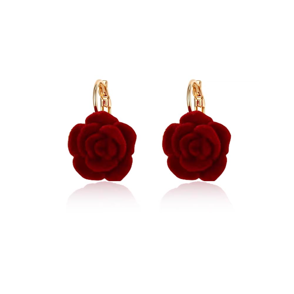 Vintage Floral Huggie Hoop Earrings | Rose Camellia Gold Hoops for Women