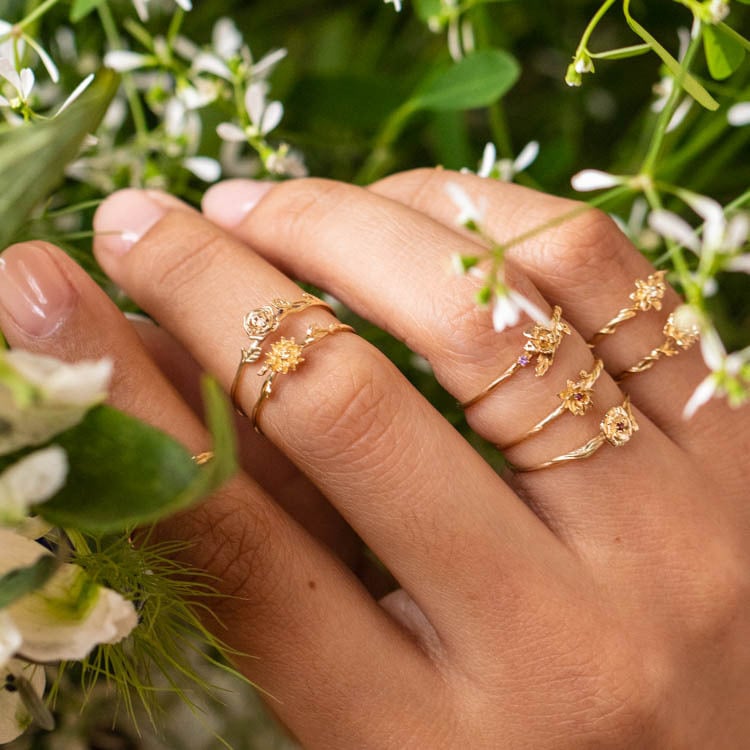 12-Month Flower Birthstone Ring with Zircon Inlay