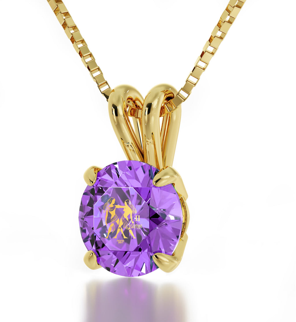 14K Yellow Gold Gemini Zodiac Necklace | Crystal Pendant Necklace