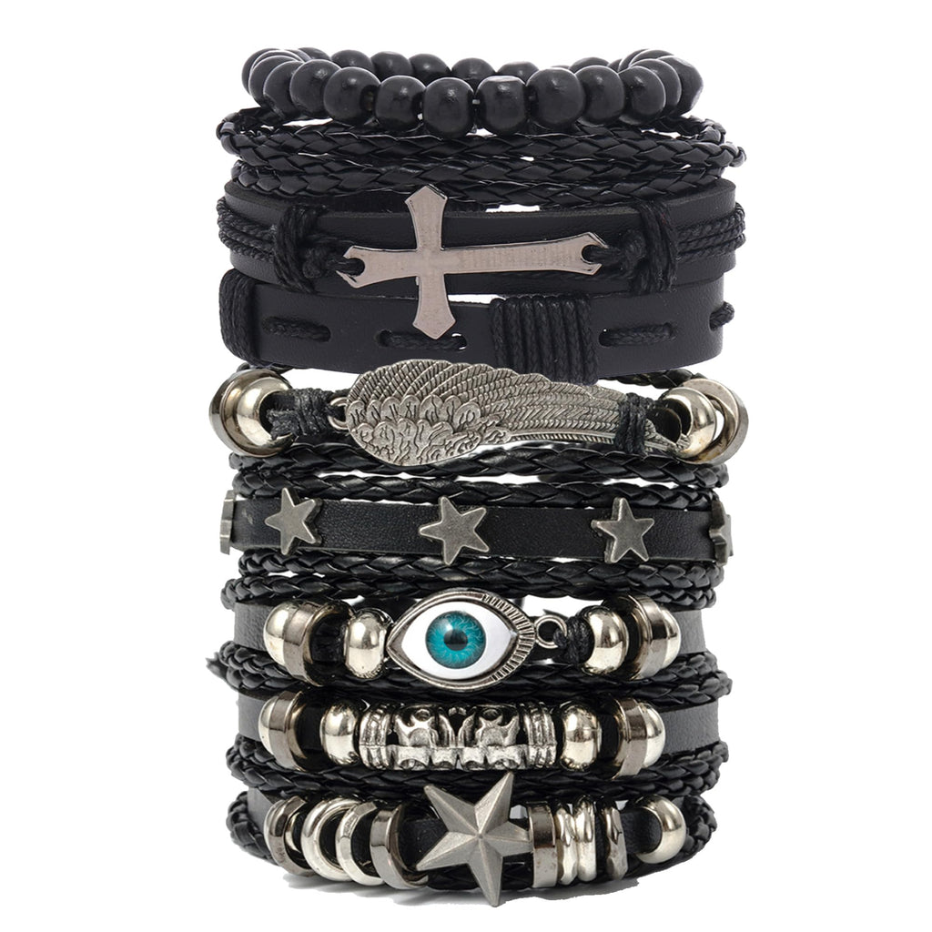 Punk Leather Bracelet Set for Men | 8-10 PCS Skull & Beaded Cuff Bracelets