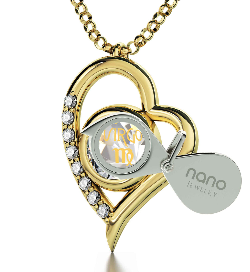 Virgo Zodiac Heart Pendant Necklace | Gold Plated Silver | 24K Inscribed Crystal
