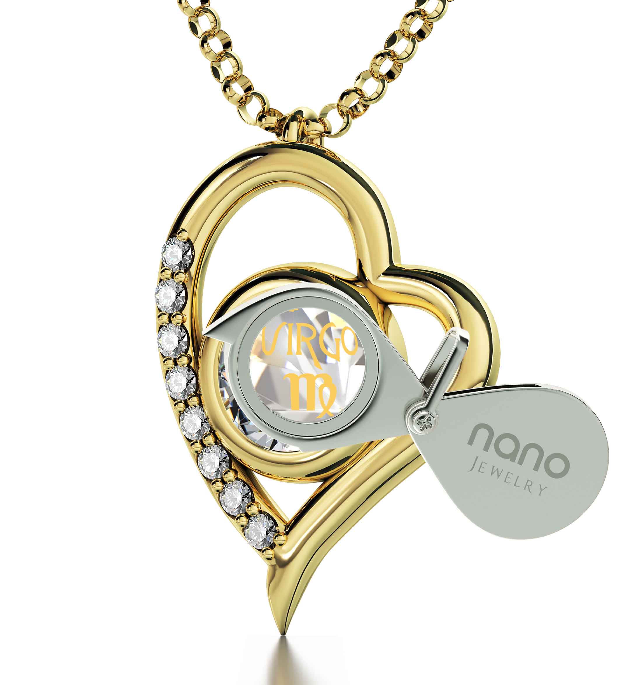 Virgo Zodiac Heart Pendant Necklace | Gold Plated Silver | 24K Inscribed Crystal