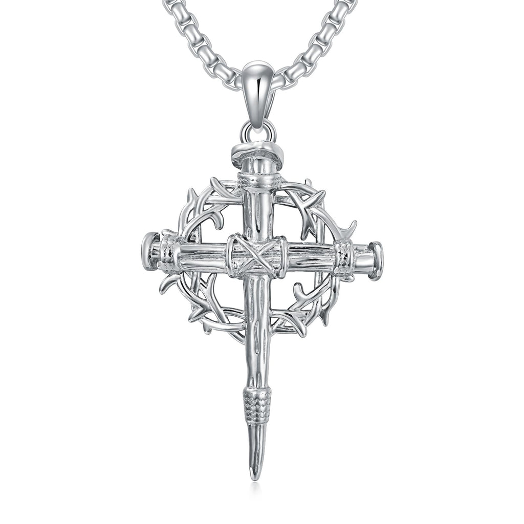 Lattd Nail Cross Necklace 925 Sterling Silver Crow of Thorn Nail Cross Pendant Christian Jewelry Gift for Men Women (01-Nail Cross & Crown 01- Silver)