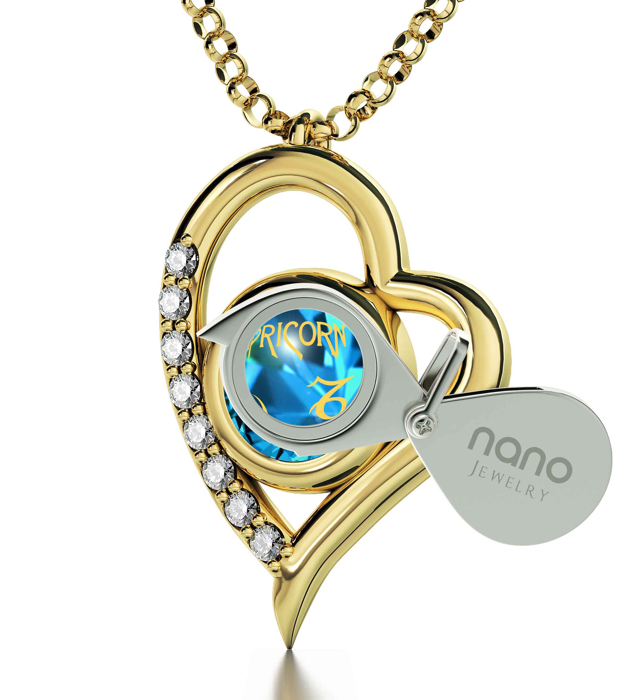 Capricorn Zodiac Heart Pendant Necklace | Gold Plated Silver | 24K Inscribed Crystal