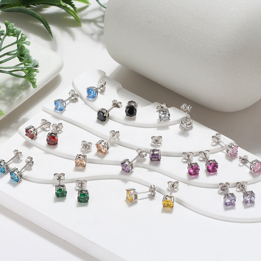 Zodiac Birthstone Stud Earrings – S925 Sterling Silver Four-Claw Setting | 12 Colors
