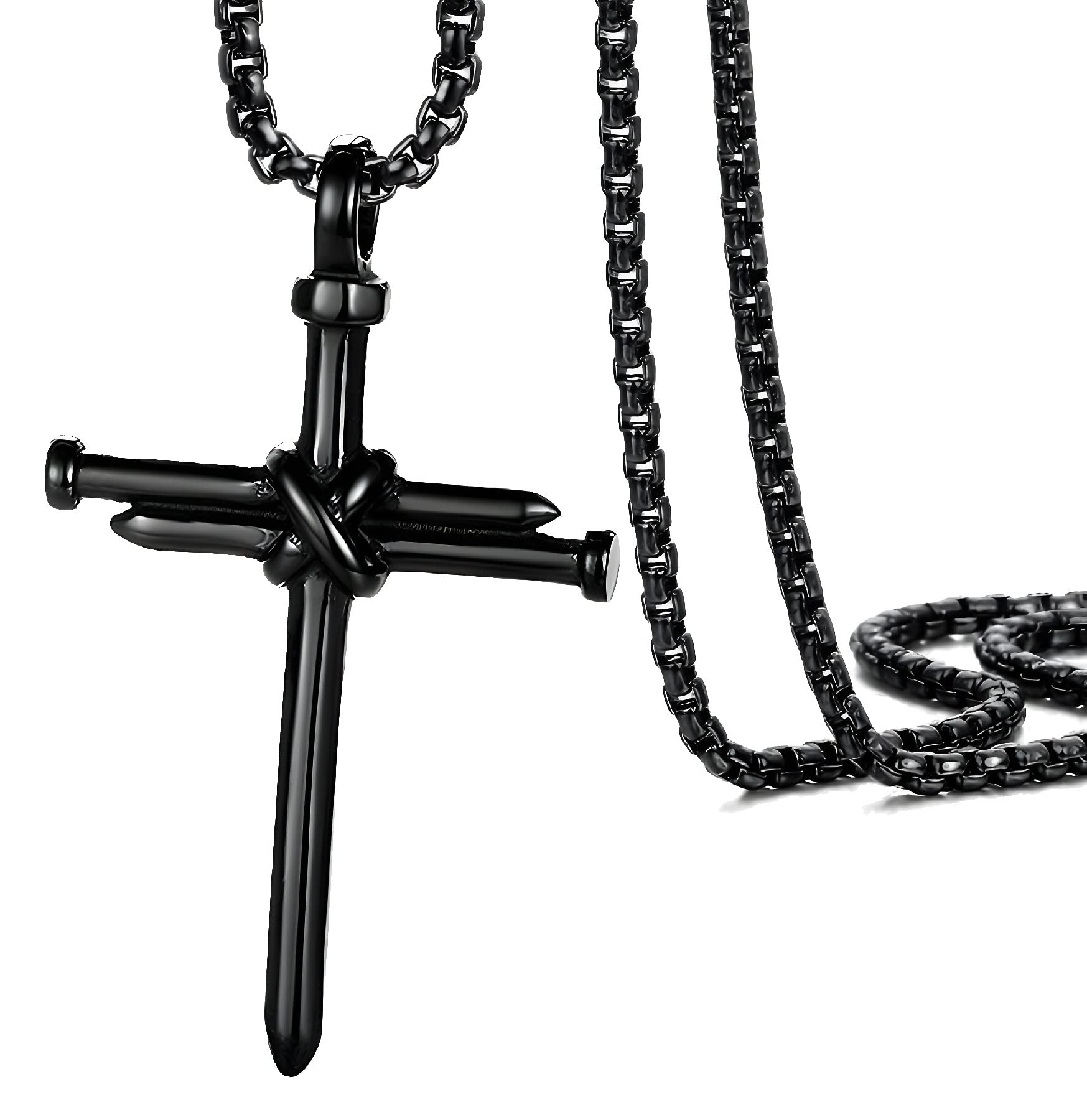 JUNOVUROS Nail Cross Necklace for Men Stainless Steel Religious Retro Nail Cross Pendant Necklace 18 to 28 Inch Rolo Chain Silver/Gold/Black