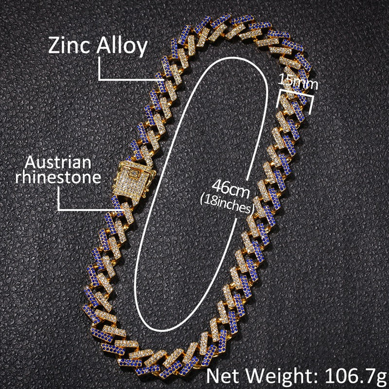 15mm Cuban Link Chain with Diamond Design for Hip-Hop