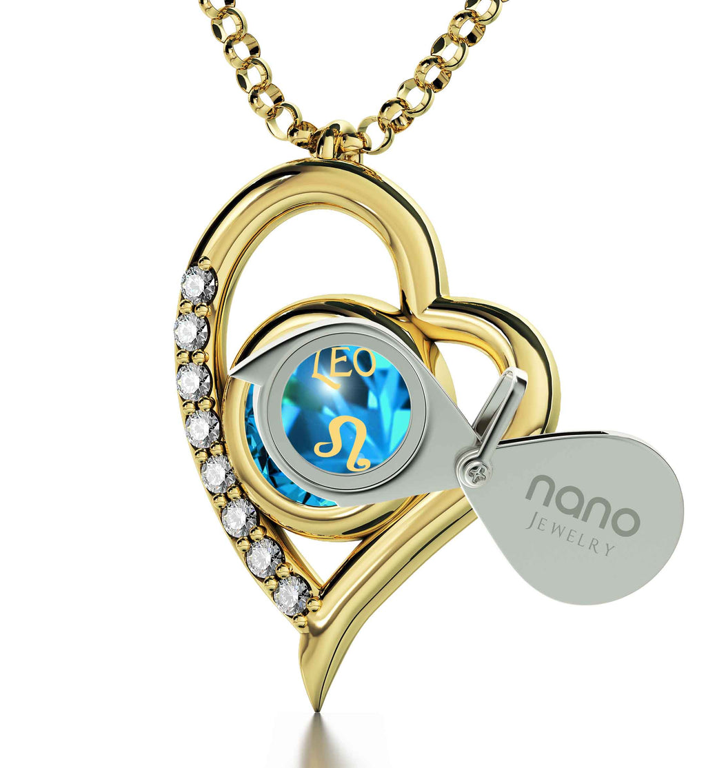 Leo Zodiac Heart Pendant Necklace | Gold Plated Silver | 24K Inscribed Crystal