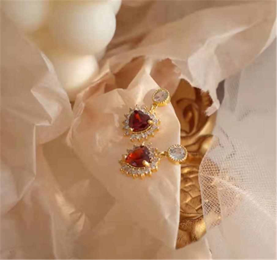 S925 Silver Heart Shaped Earrings with Red Gemstones