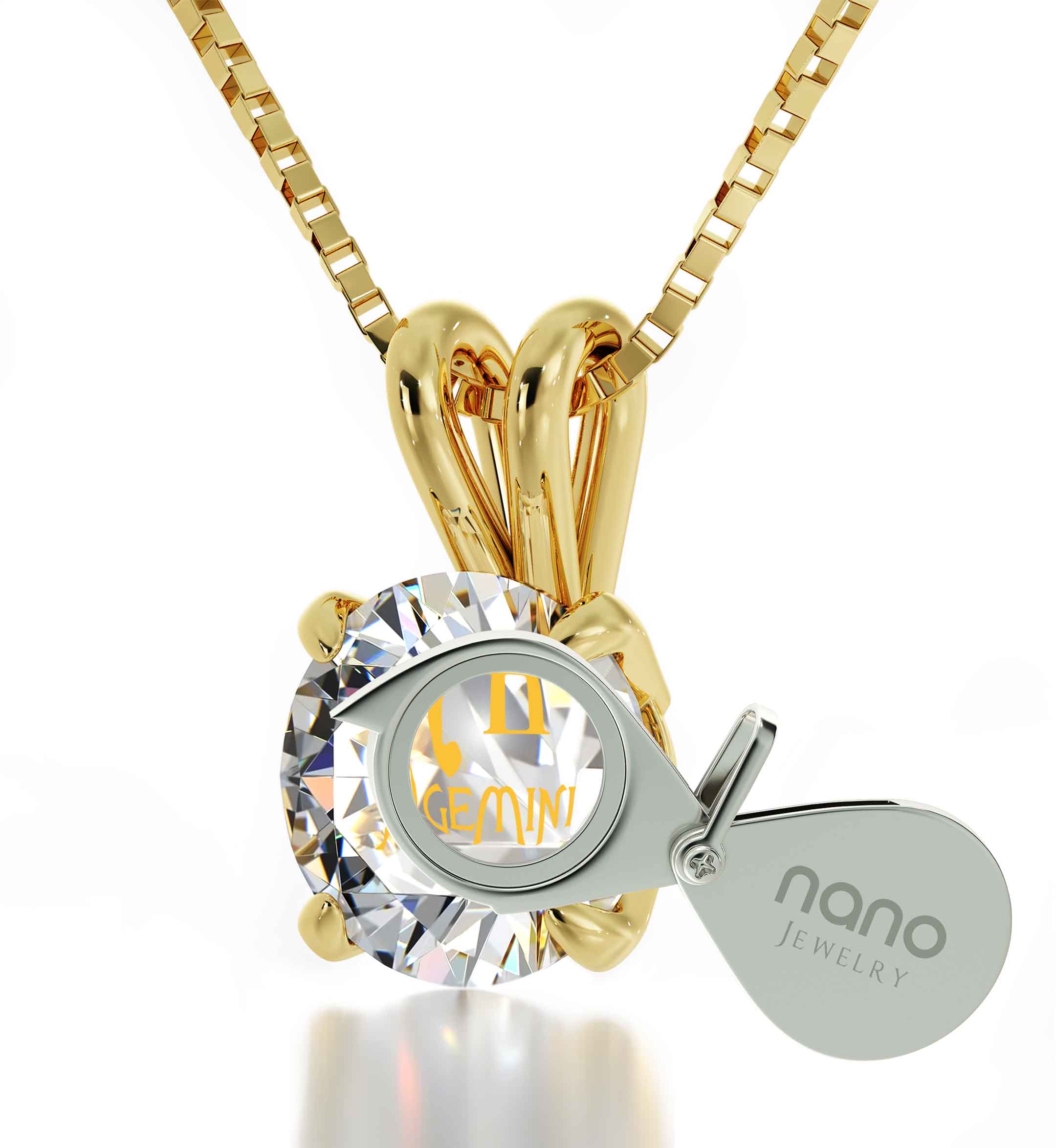 14K Yellow Gold Gemini Zodiac Necklace | Crystal Pendant Necklace