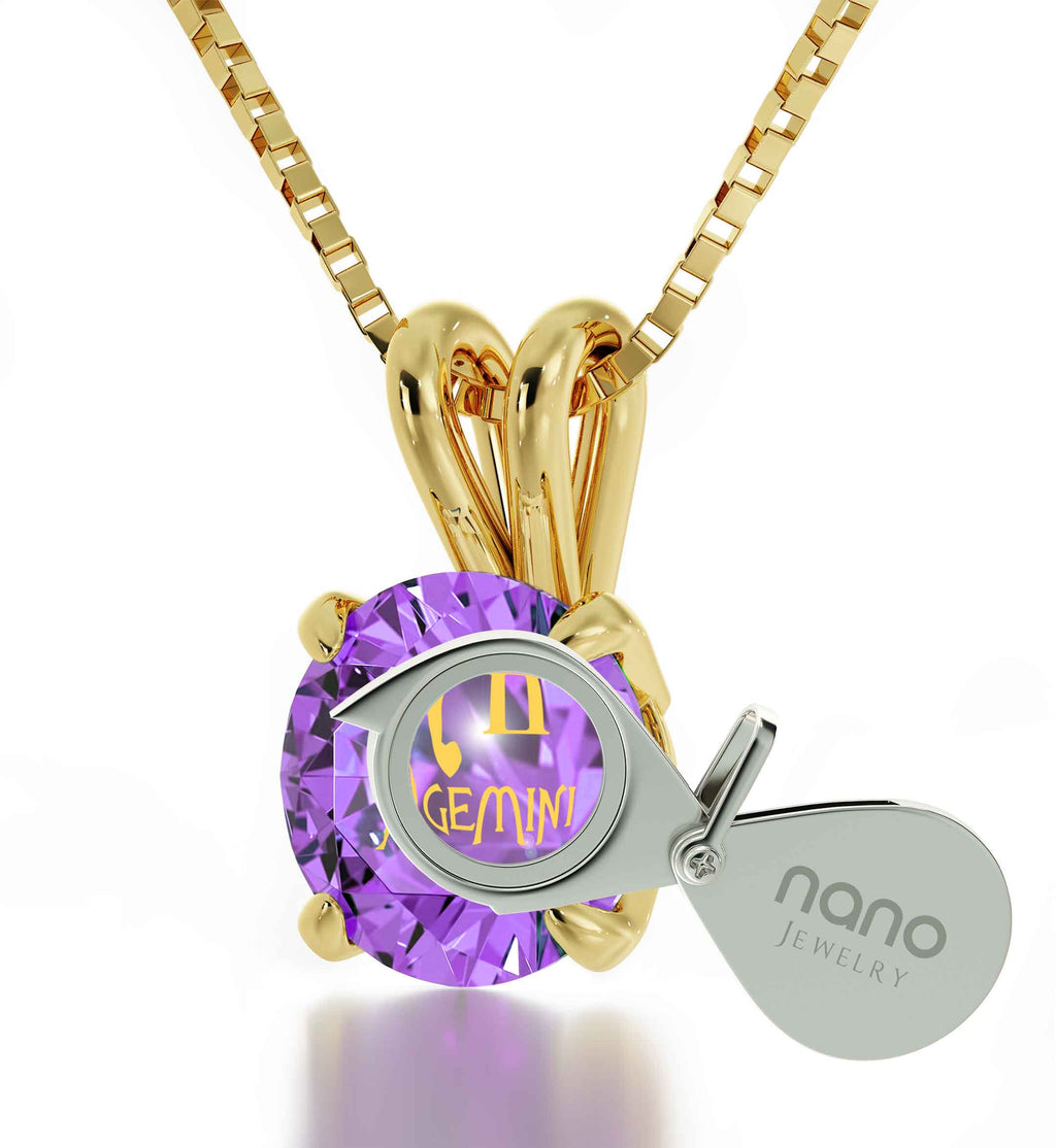 14K Yellow Gold Gemini Zodiac Necklace | Crystal Pendant Necklace