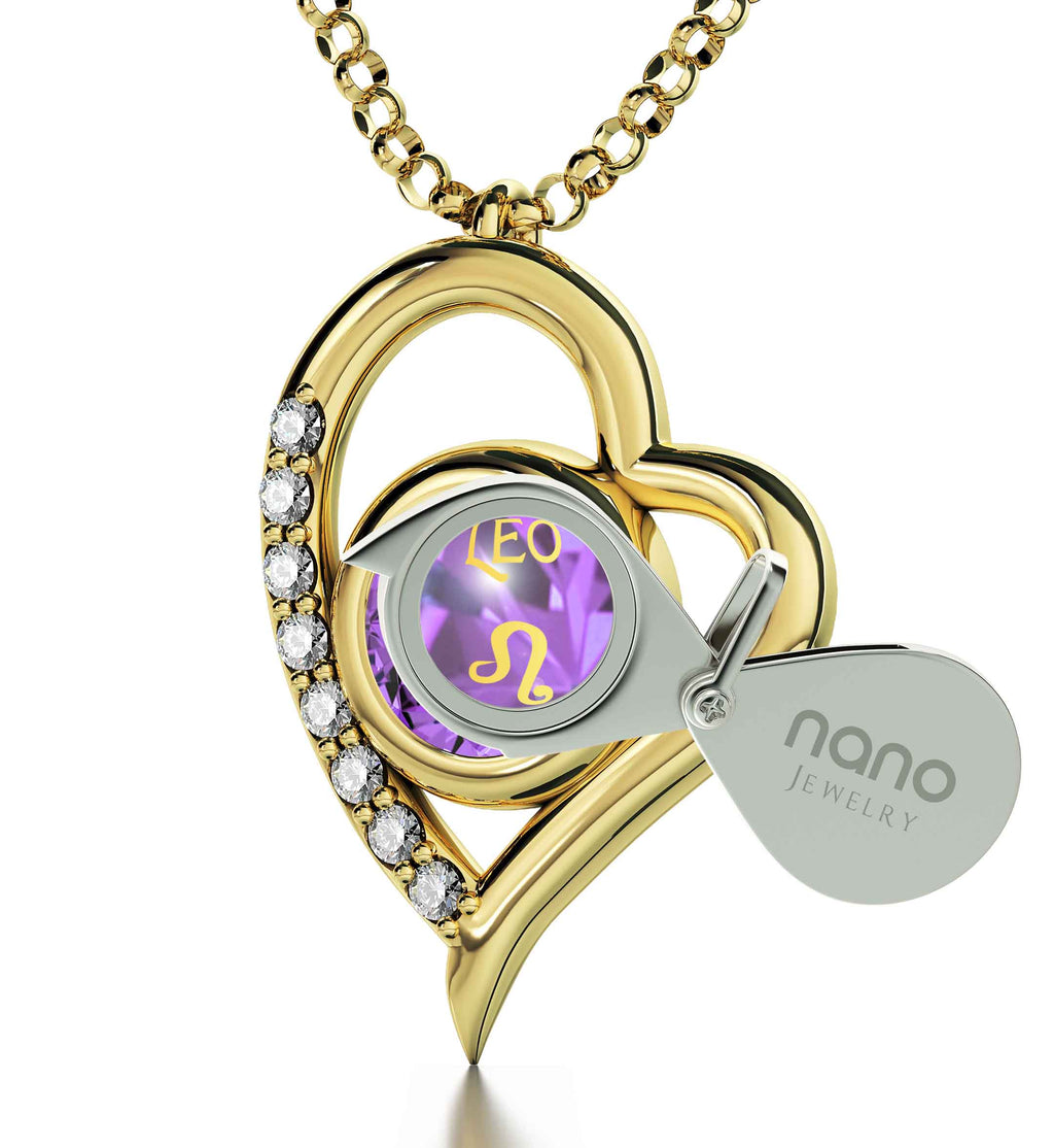 Leo Zodiac Heart Pendant Necklace | Gold Plated Silver | 24K Inscribed Crystal