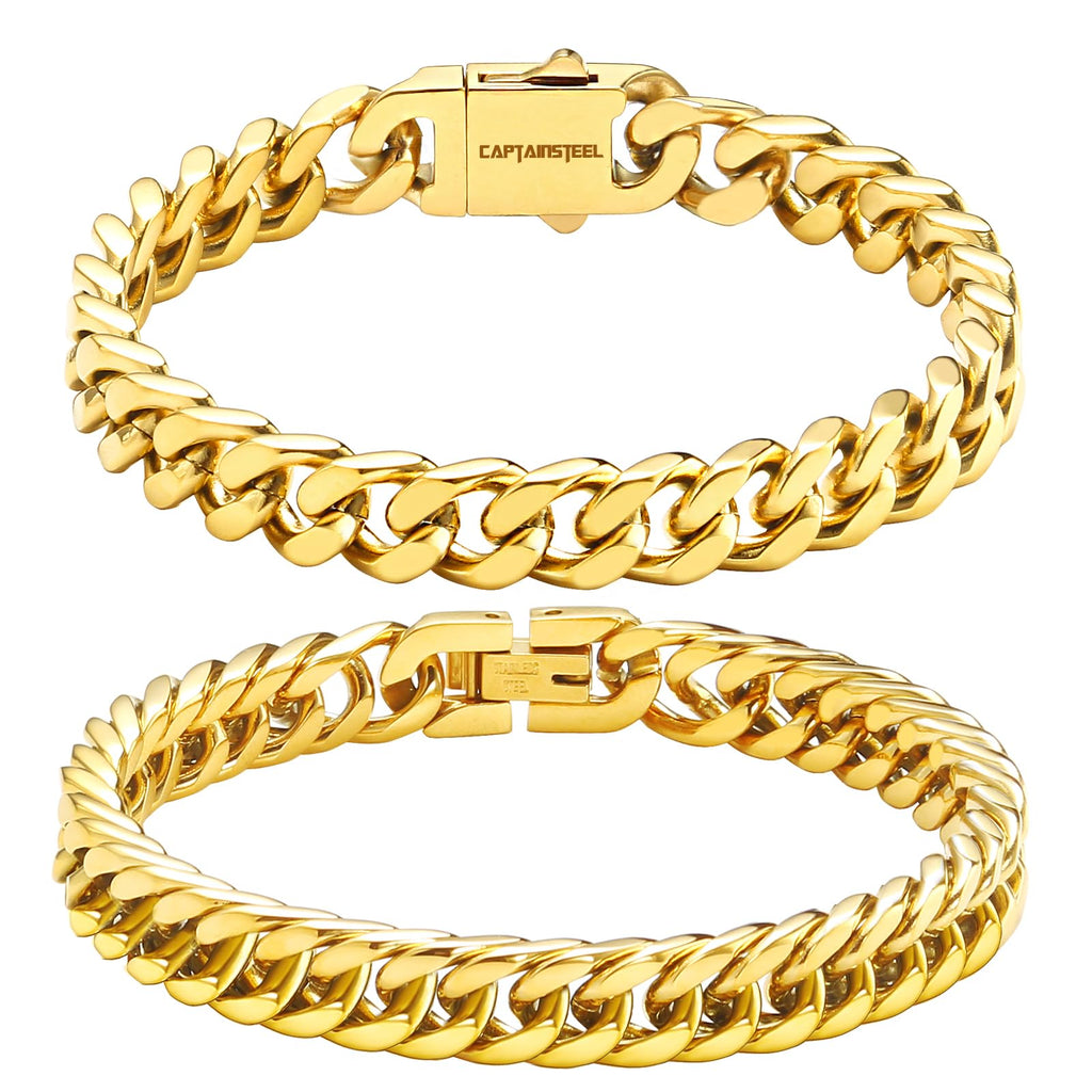 Cuban Link Chain Bracelet Set for Men & Women – 18K Gold Plated Stainless Steel, 2-Piece