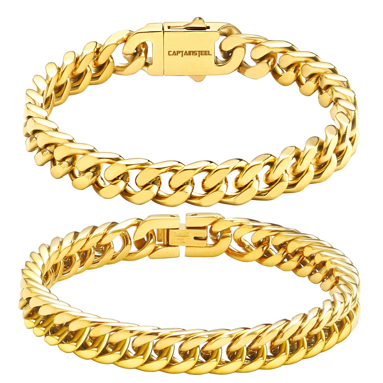 Cuban Link Chain Bracelet Set for Men & Women – 18K Gold Plated Stainless Steel, 2-Piece