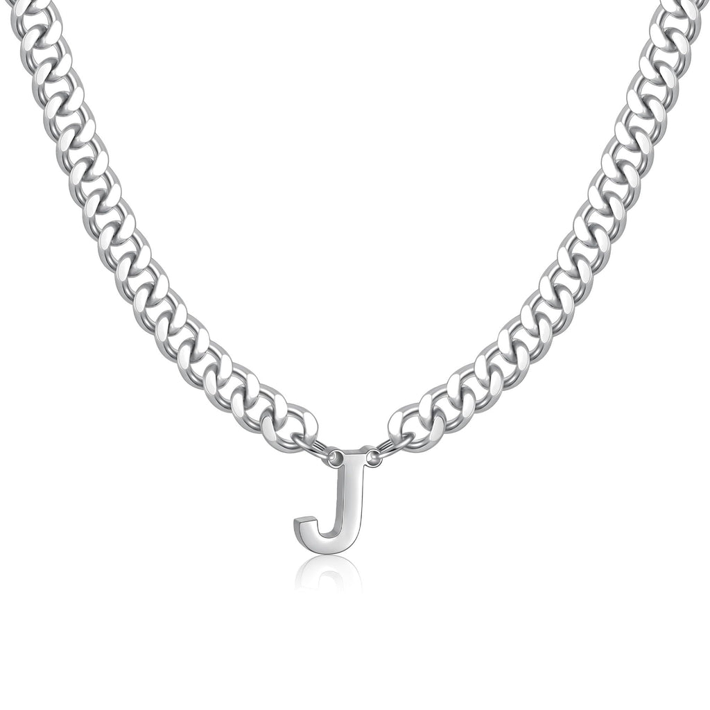 Fiusem Initial Necklace for Men Silver Tone Cuban Link Chain for Men with Small Letter Necklace Pendant Mens Necklace Jewelry Letter J