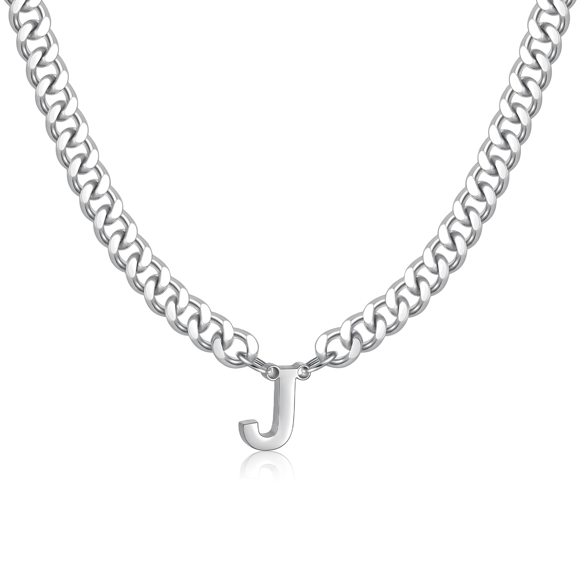 Fiusem Initial Necklace for Men Silver Tone Cuban Link Chain for Men with Small Letter Necklace Pendant Mens Necklace Jewelry Letter J
