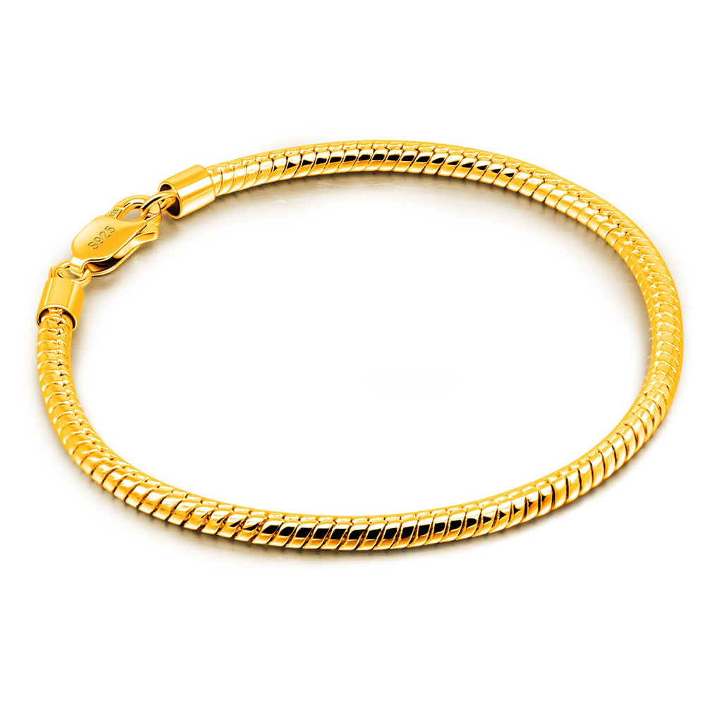 Dankadi Italy Smooth 3MM 4MM Round Snake Chain Bracelet Solid 925 Sterling Silver Men Women 6.3" 6.7" 7" 7.5" 8" 8.5" 9" 9.5" Bangle Charm Jewelry Gift (3MM Gold 6.7 inches)