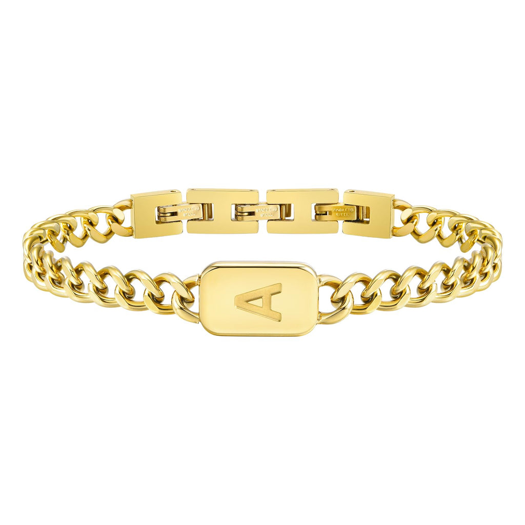 VNOX Gold Initial Bracelet for Men - Mens Gold Plated Stainless Steel Cuban Link Chain Bracelet Letter Custom a Initial Bracelets for Men TeenBirthday Christmas Gifts for Young Men friend
