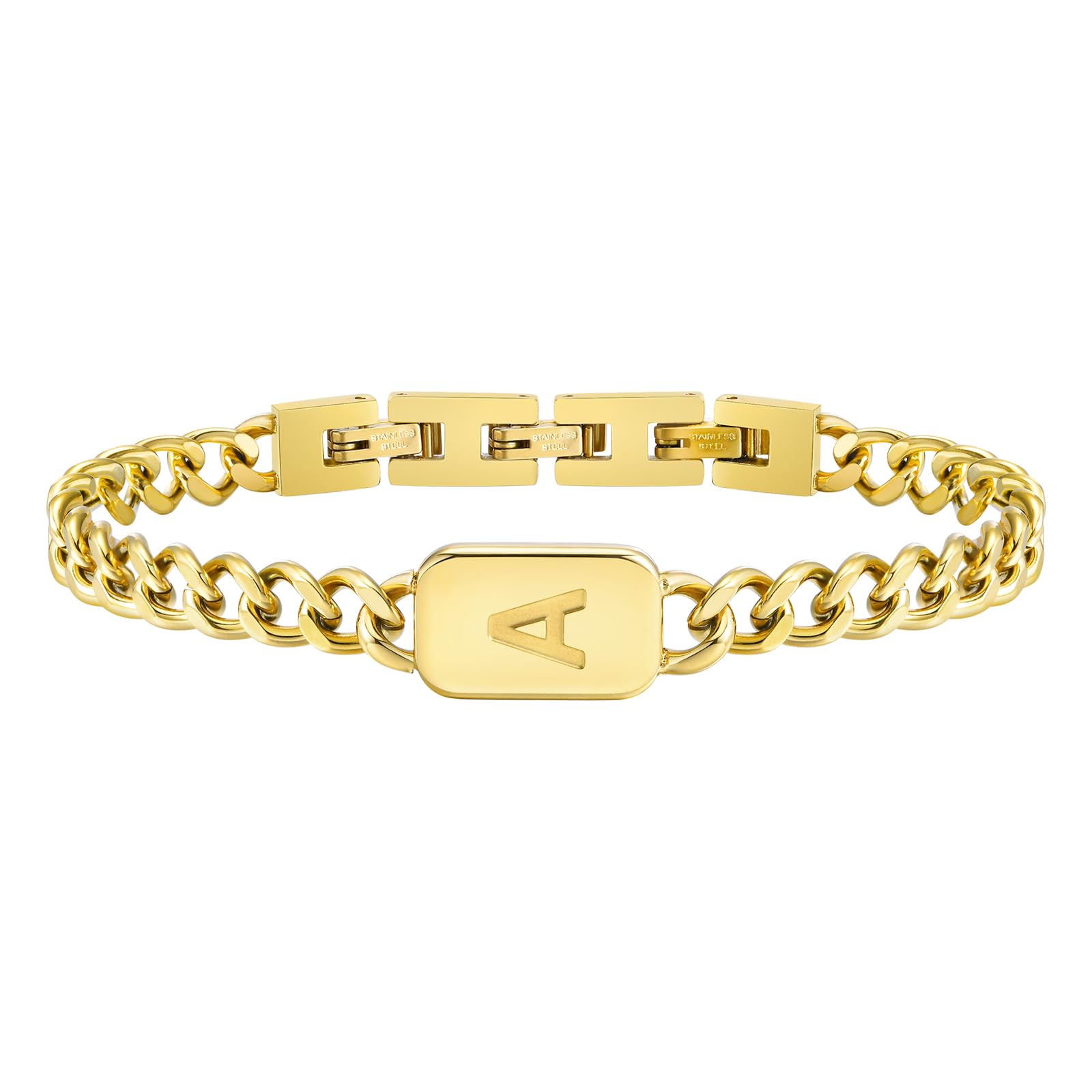 VNOX Gold Initial Bracelet for Men - Mens Gold Plated Stainless Steel Cuban Link Chain Bracelet Letter Custom a Initial Bracelets for Men TeenBirthday Christmas Gifts for Young Men friend