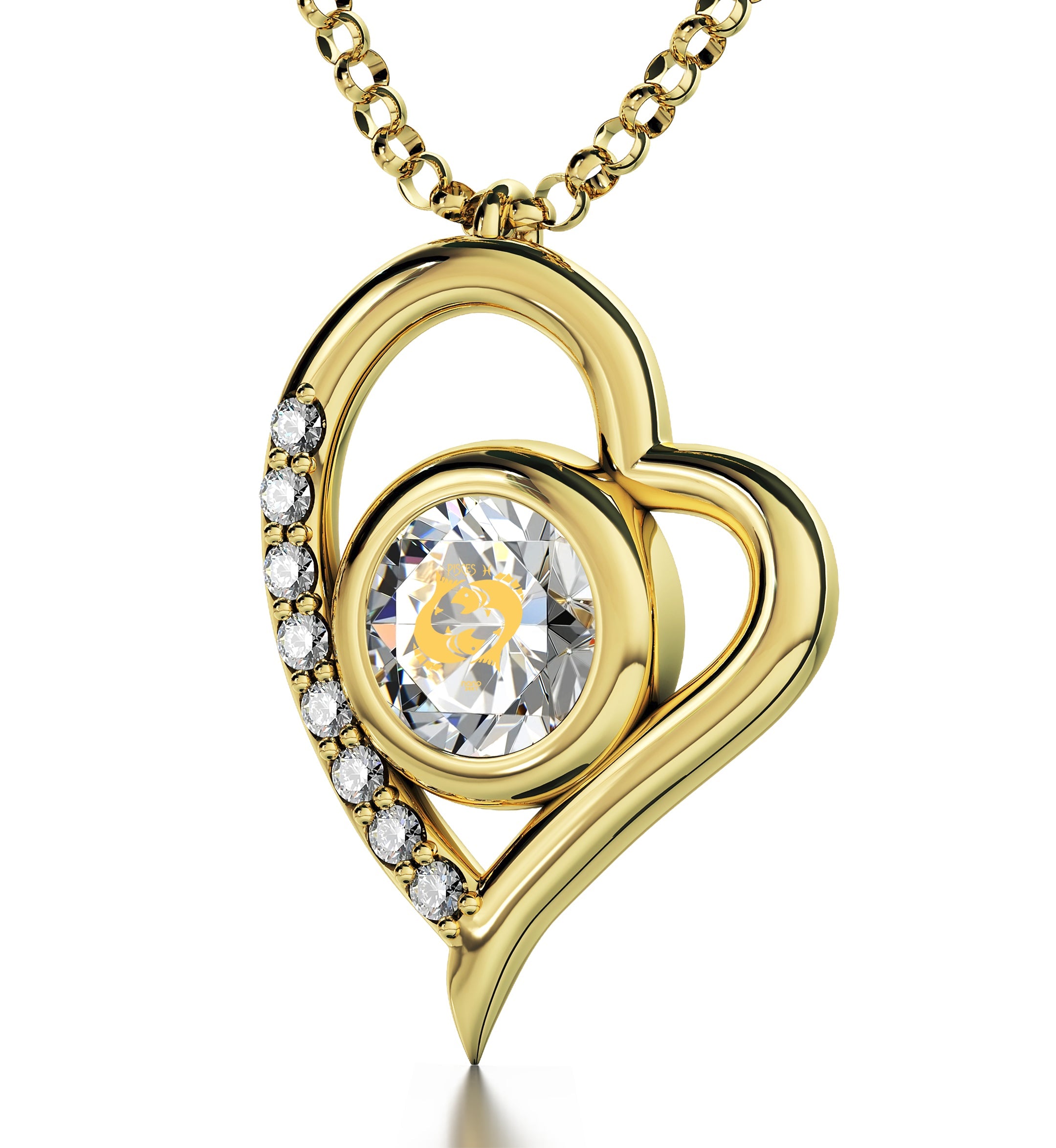 Gold Plated Silver Pisces Necklace Zodiac Heart Pendant 24k Gold Inscribed on Crystal