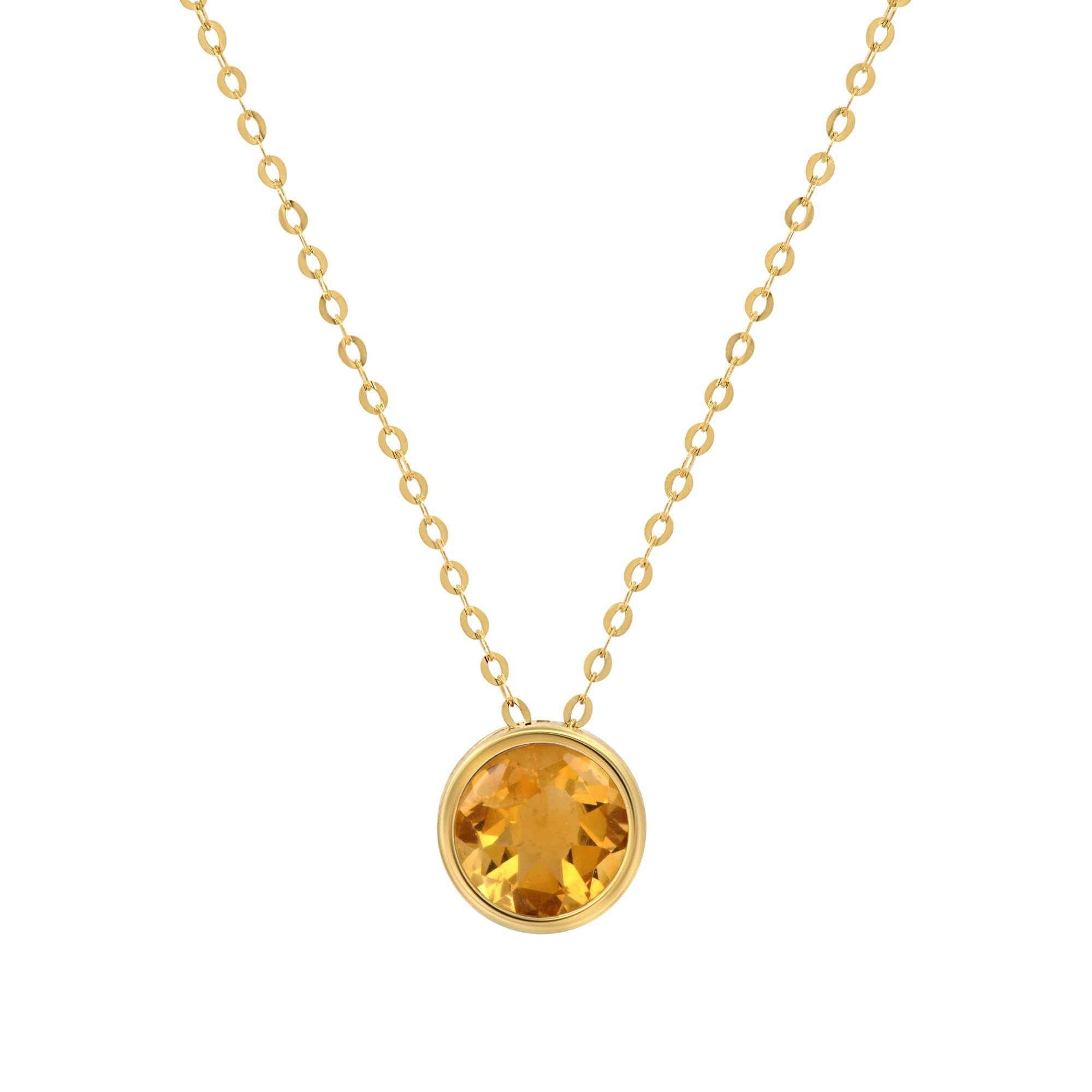 MAX + STONE 14k Yellow Gold Round Pendant Necklace for Women with 7 mm Yellow Citrine November Birthstone on 18 Inch Cable Chain Spring Ring Clasp Bezelby