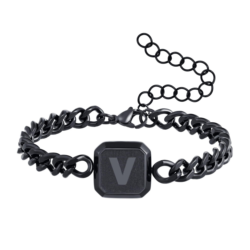 Initial Bracelet Black Squre A-Z Letter Cuban Link Chain Mens Bracelets Adjustable Size Stainless Steel Men Jewelry Gifts for Husband Dad Brother Son(Black V)