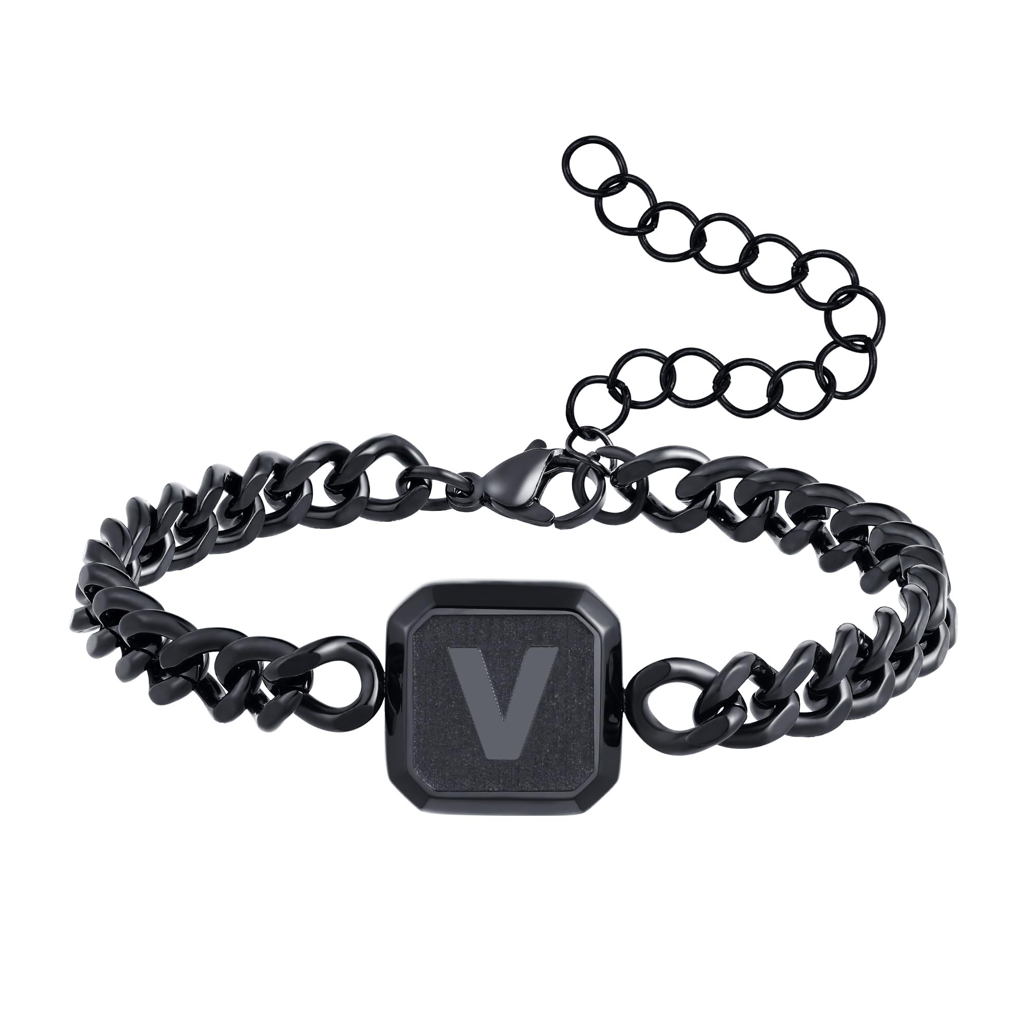 Initial Bracelet Black Squre A-Z Letter Cuban Link Chain Mens Bracelets Adjustable Size Stainless Steel Men Jewelry Gifts for Husband Dad Brother Son(Black V)