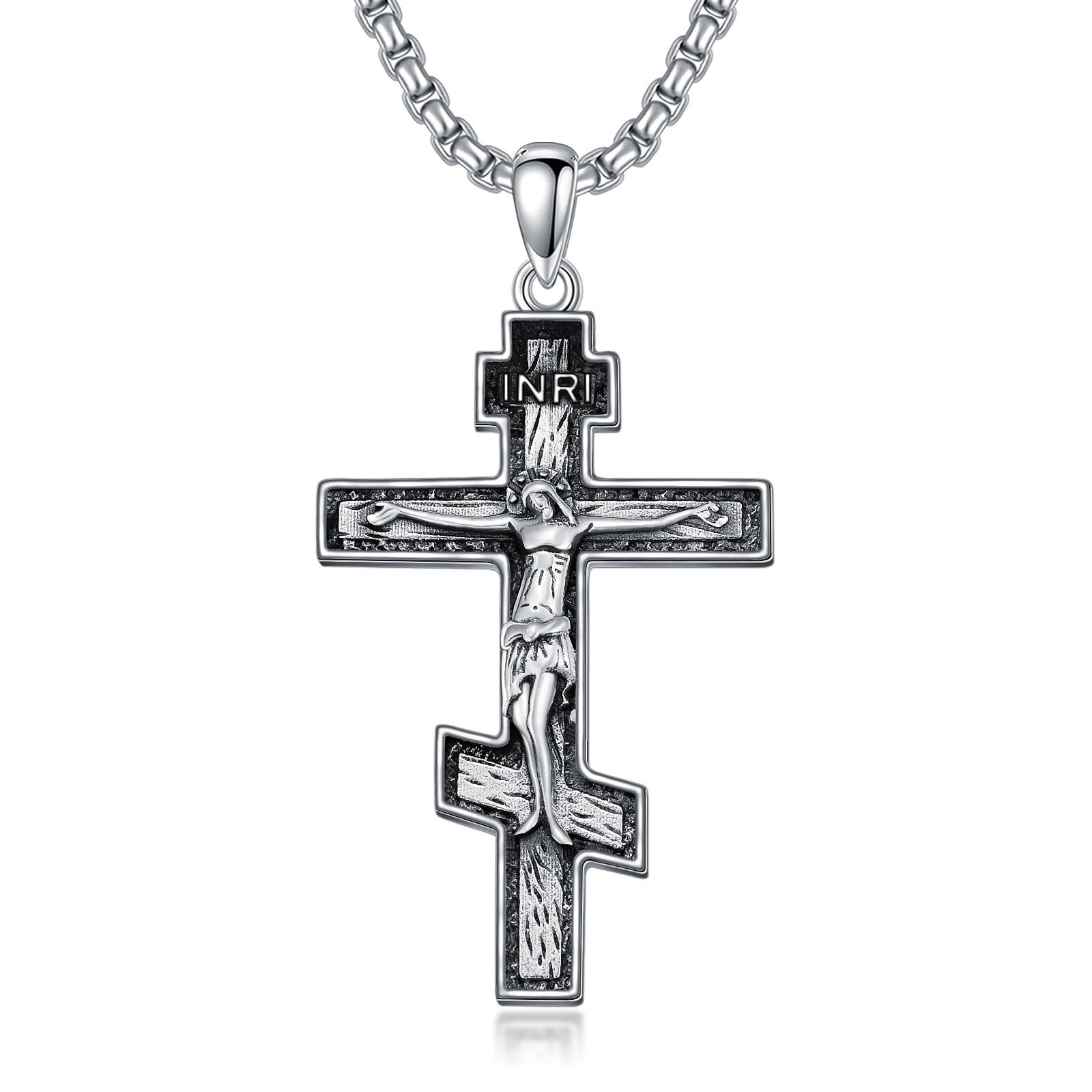Cargari Eastern Orthodox Cross Necklace S925 Sterling Silver Orthodox Cross Pendant for Men Women