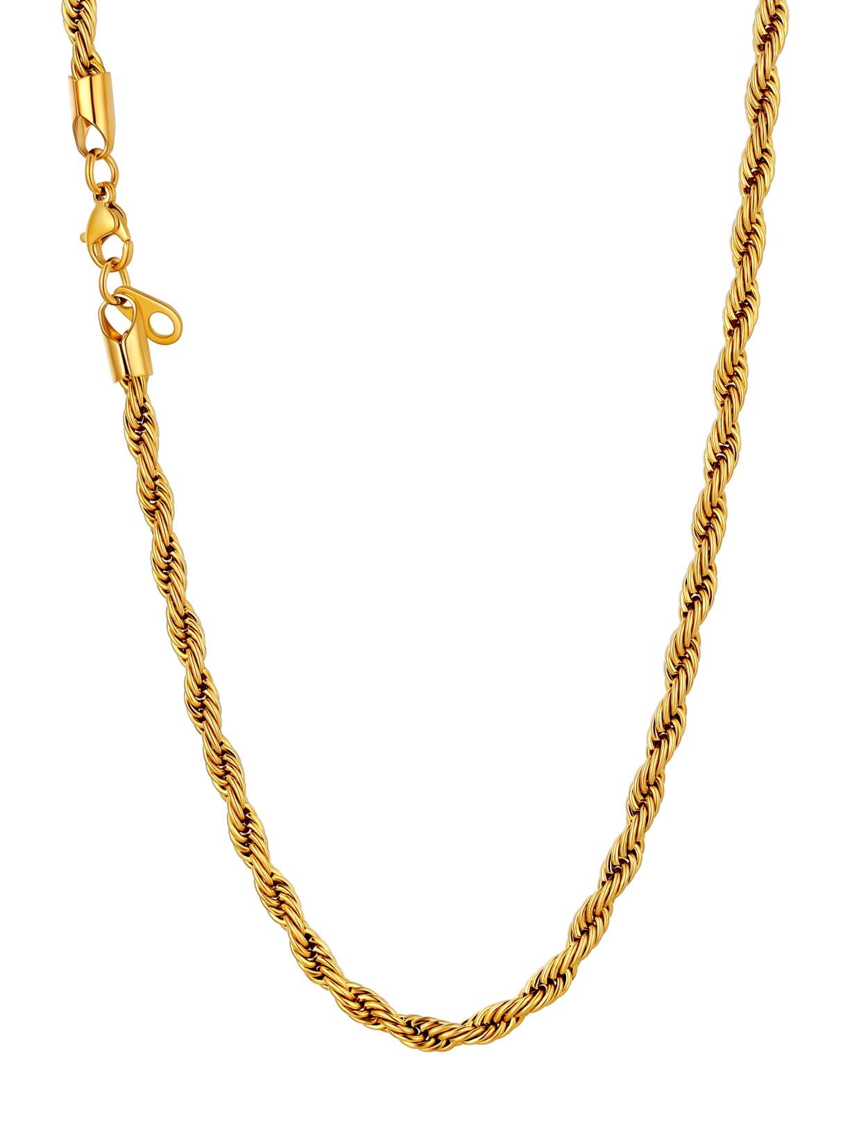 U7 28 inch Long Twisted Rope Chain 18K Gold Plated Stainless Steel 3mm Thick Hip Hop Necklace for Men