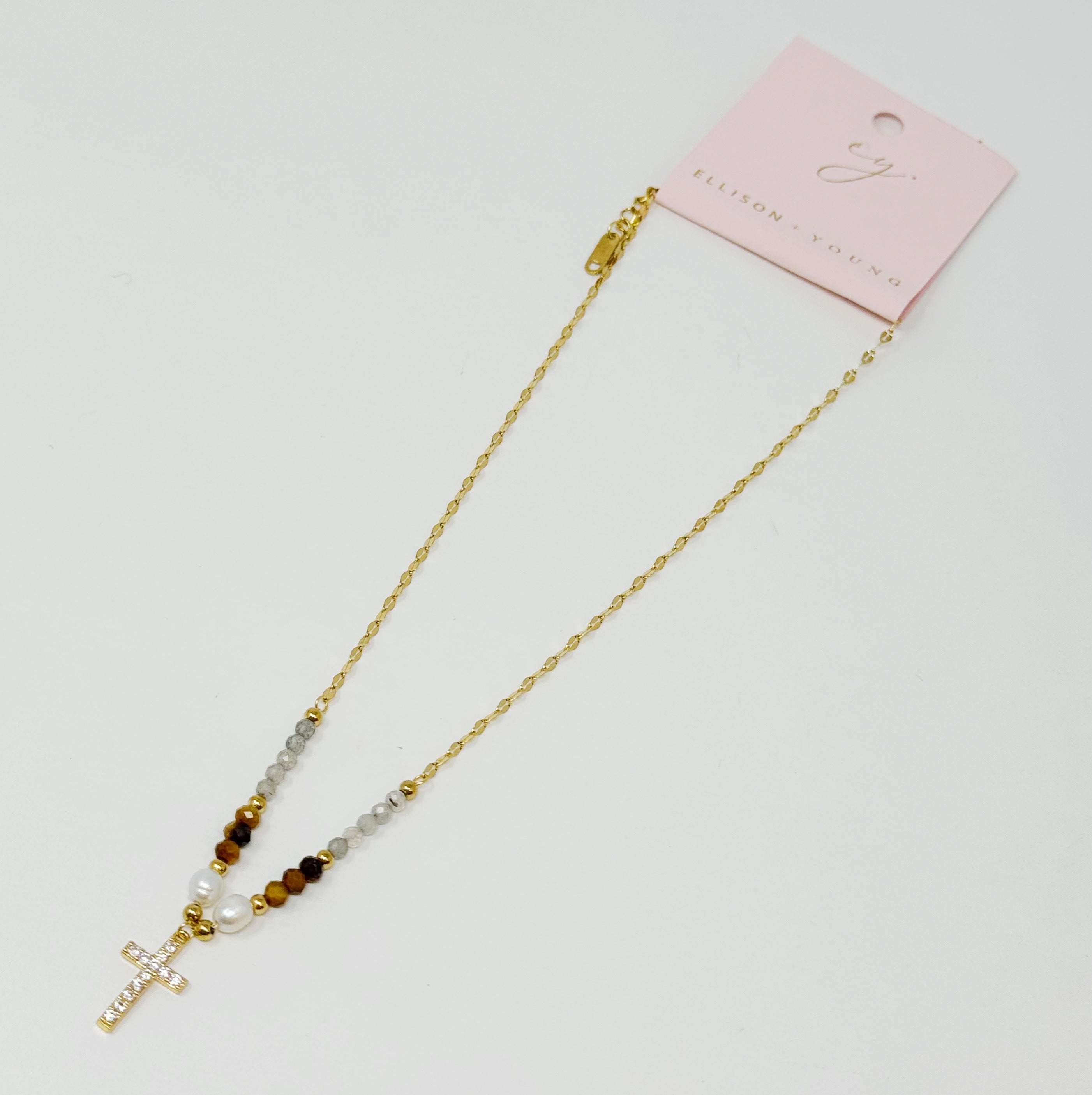 Cross Pendant Stone Bead Necklace