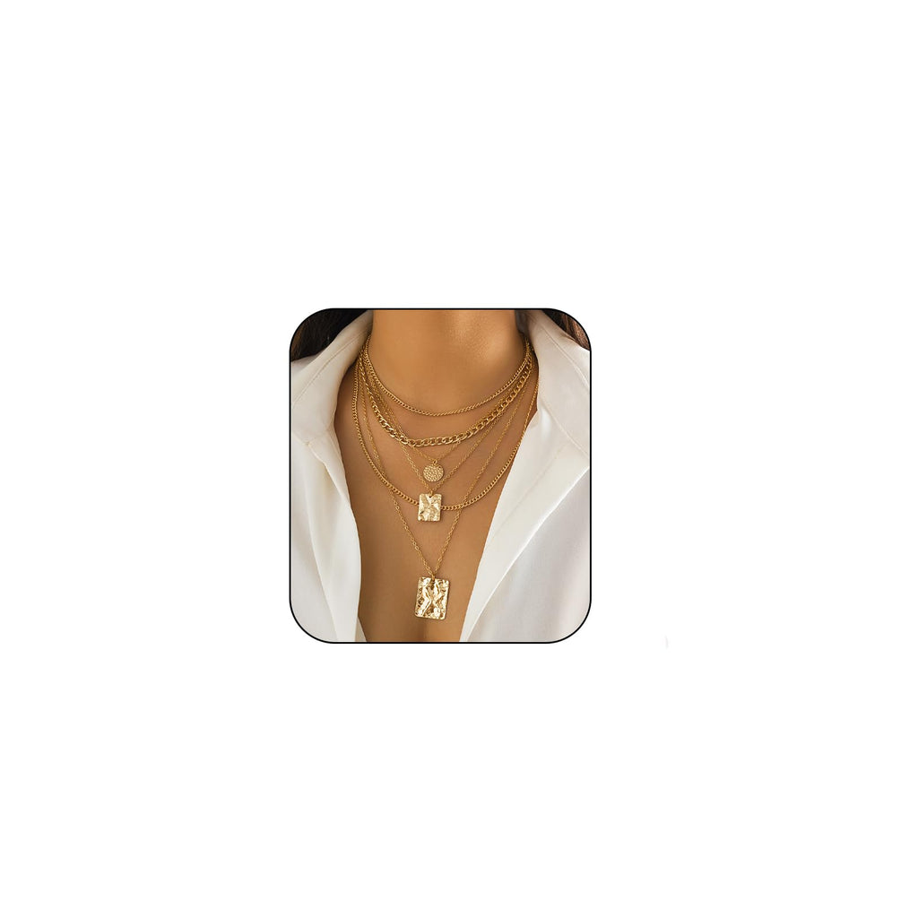 CSIYANJRY99 Layered Gold Necklaces for Women Chunky Gold Necklace Stack Layered Cuban Paperclip Snake Chain Necklace Retro Coin Dainty Pendant Toggle Clasp Necklace (Gold Rectangular Disc)