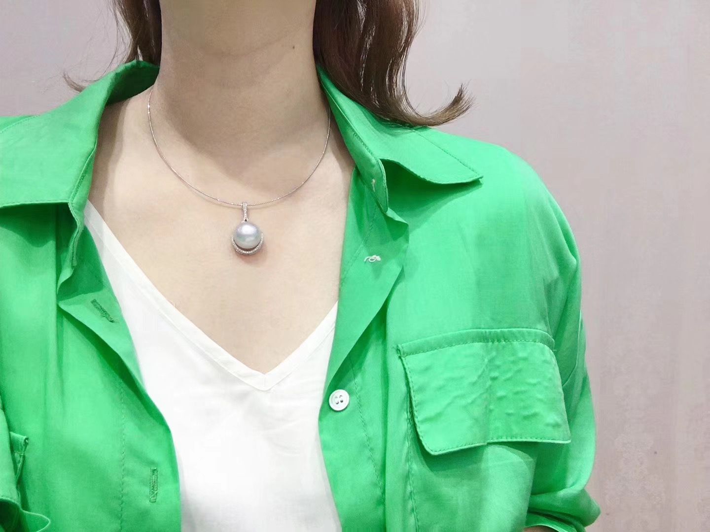Nanyang Gold Pearl Pendant, 925 Silver Necklace 14mm