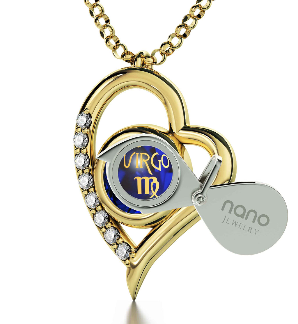 Virgo Zodiac Heart Pendant Necklace | Gold Plated Silver | 24K Inscribed Crystal