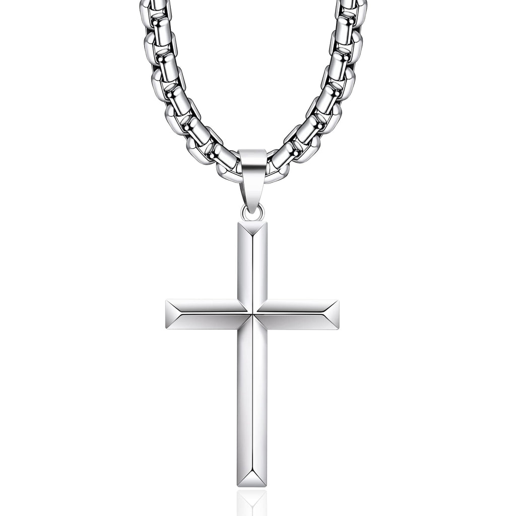 Idemana 925 Sterling Silver Cross Necklace for Men Women with 4mm Durable Stainless Steel Rolo Chain Necklace 18K White Gold Plated Cross Pendant Necklace Jewelry 18 Inche