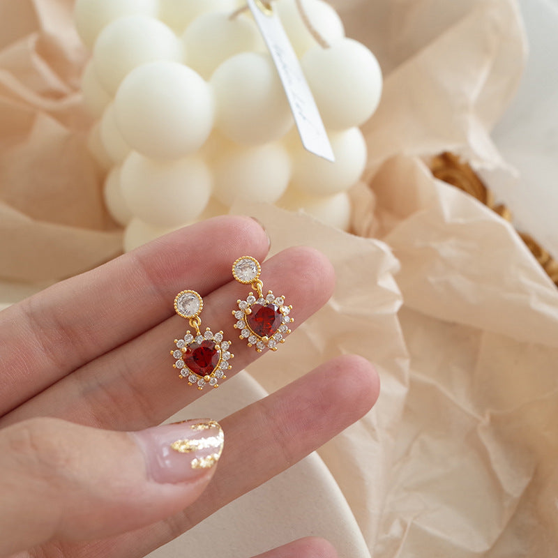 S925 Silver Heart Shaped Earrings with Red Gemstones