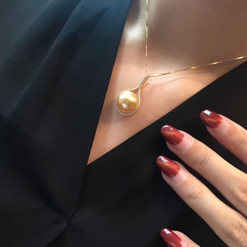 Nanyang Gold Pearl Pendant, 925 Silver Necklace 14mm