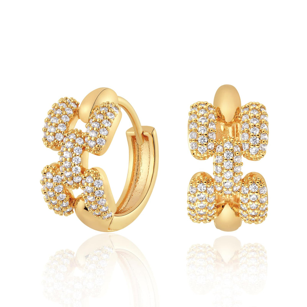 14K Gold Plated Huggie Hoop Earrings with CZ Stones | Wide Twisted Hoops