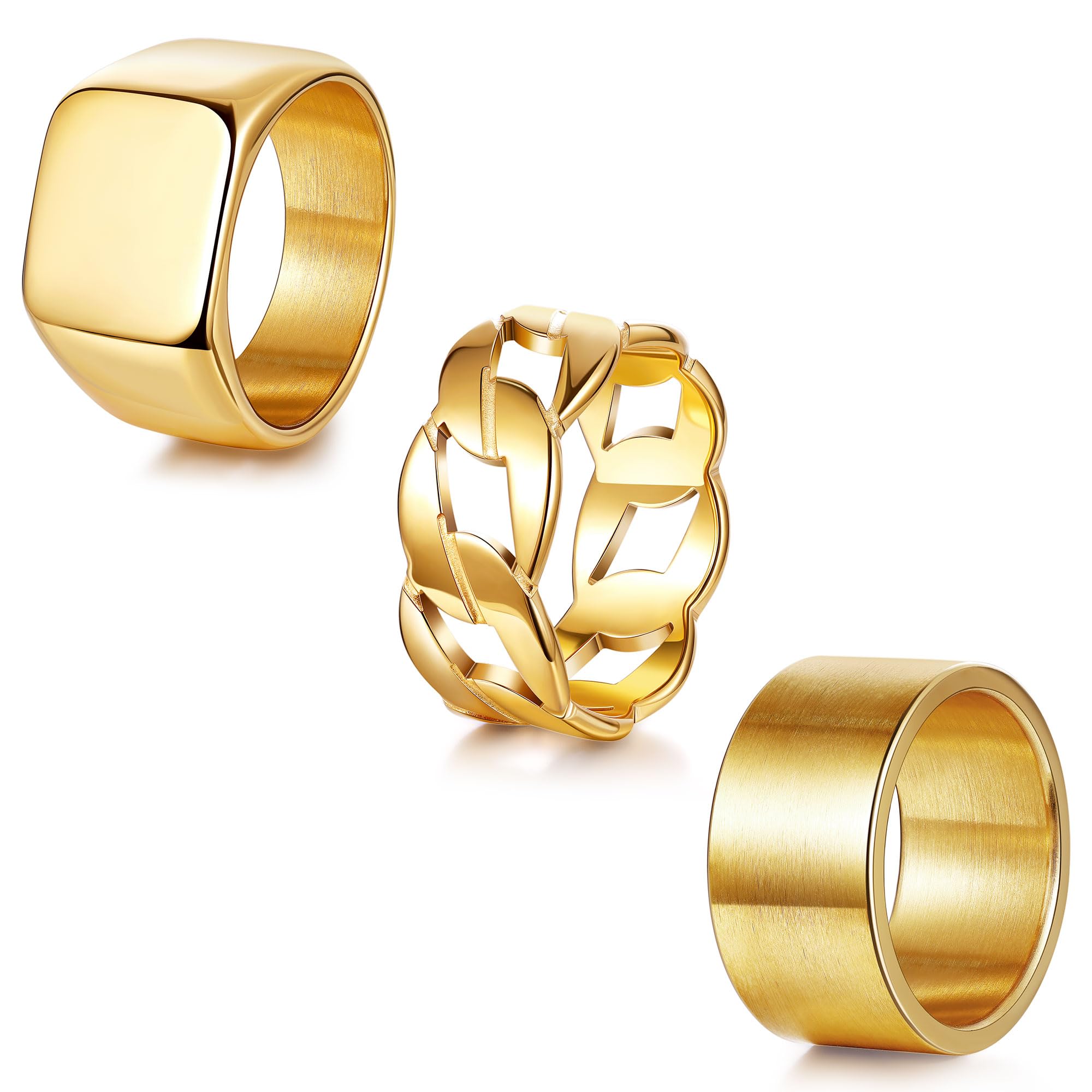 YOVORO 3Pcs Stainless Steel Signet Rings Chunky Wide Band Ring for Men Women Cuban Link Chain Rings Fashion Matte Finish Plain Ring Comfort Fit Size 11 Gold