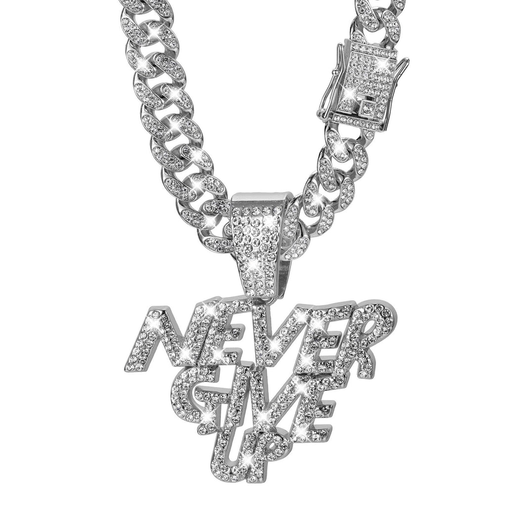 LCWLJL NEVER GIVE UP Hip-hop Cuban Chain Rhinestone Pendant Necklace Jewelry For Men，Mens Fashion Jewelry silver