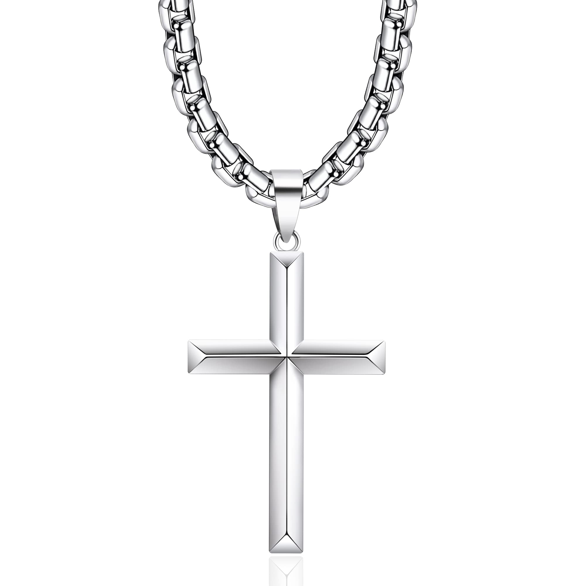 Idemana 925 Sterling Silver Cross Necklace for Men Women with 4mm Durable Stainless Steel Rolo Chain Necklace 18K White Gold Plated Cross Pendant Necklace Jewelry 18 Inche