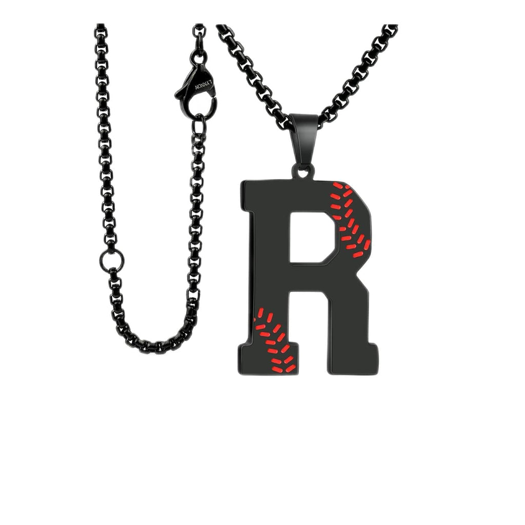 Baseball Initial Necklace for Men A-Z Letter Necklaces Chain Stainless Steel Pendant with Accessories Sport Charm Baseball Gifts for Team Player Athlete Lover Fans (R. Black)