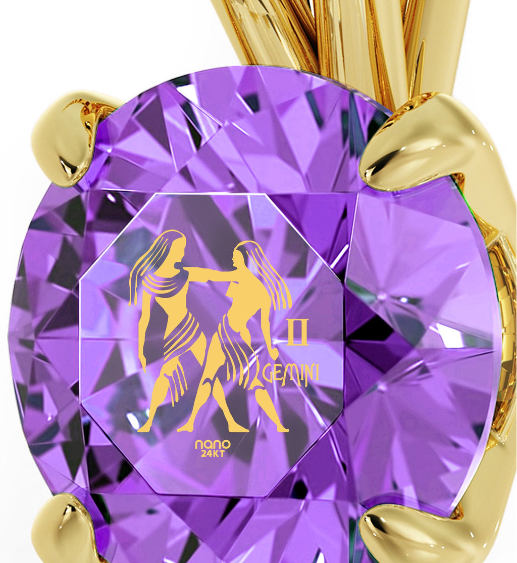 14K Yellow Gold Gemini Zodiac Necklace | Crystal Pendant Necklace